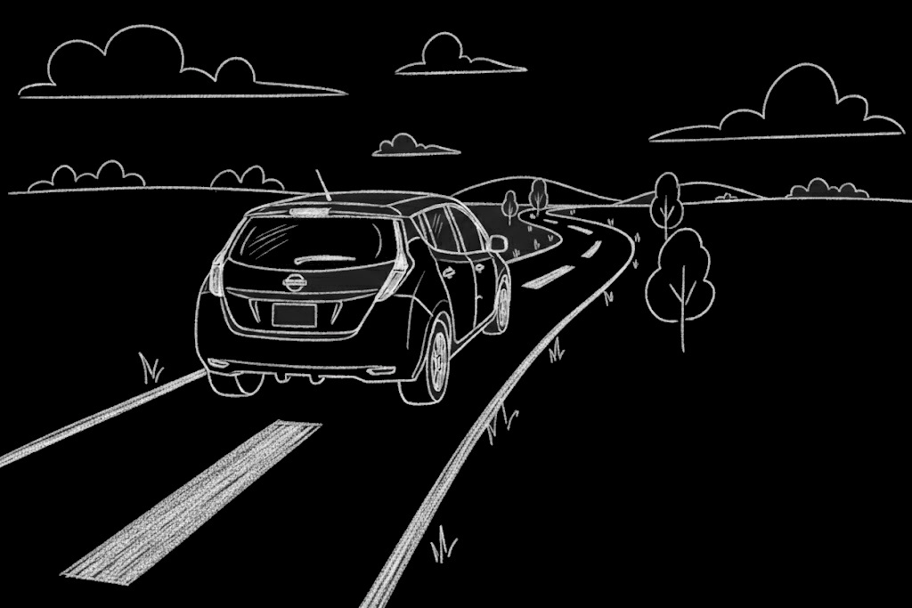 Nissan Leaf driving down a country road